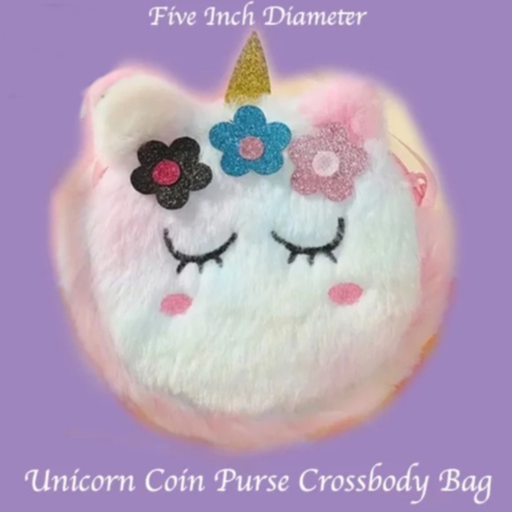 Round Unicorn Bag / Coin Purse Plush Wallet Cute Shoulder Bag - 5" Diameter -NWT